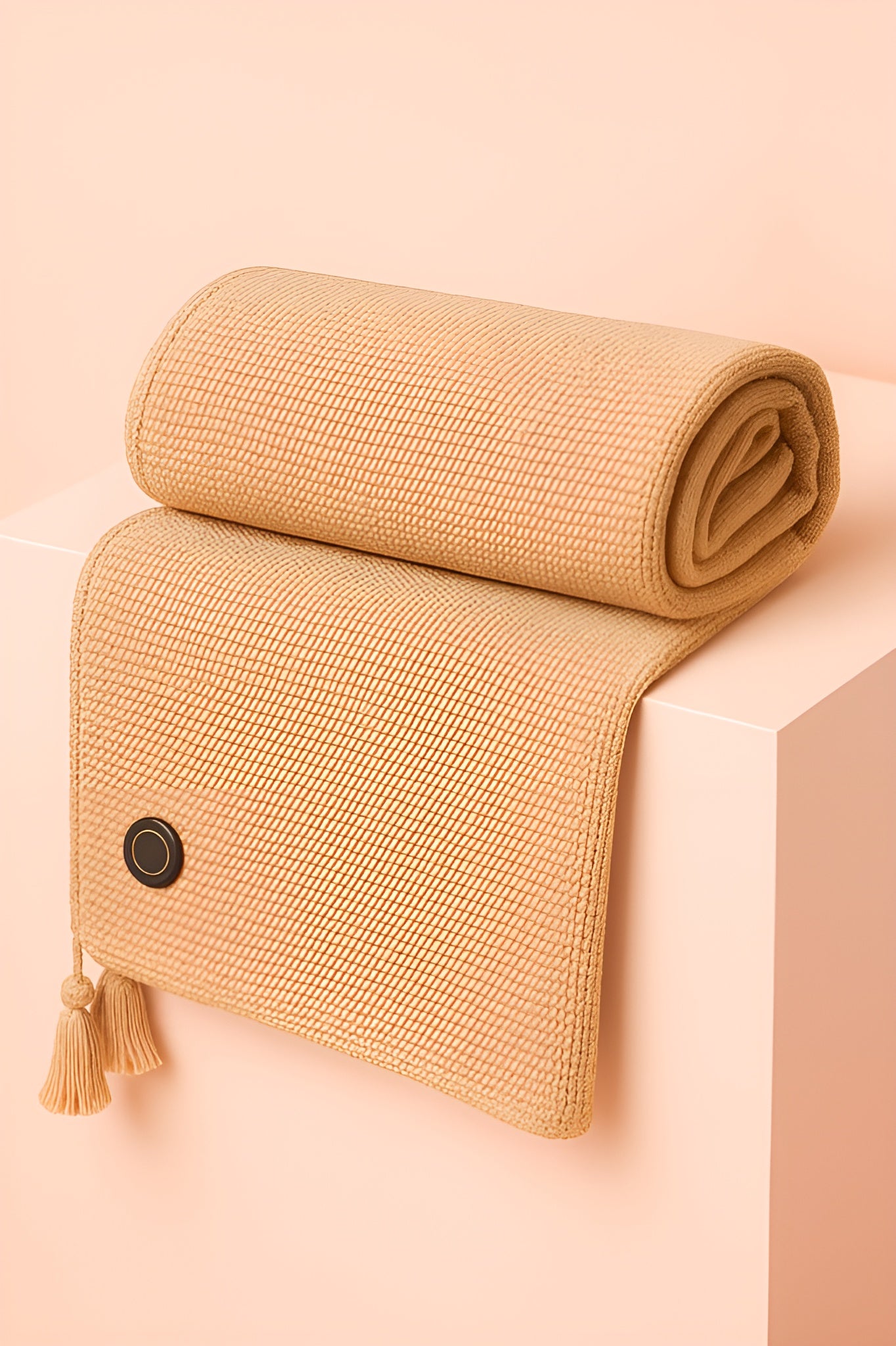 Beige woven blanket with tassels on a pink background, Melo USB heated throw blanket in beige