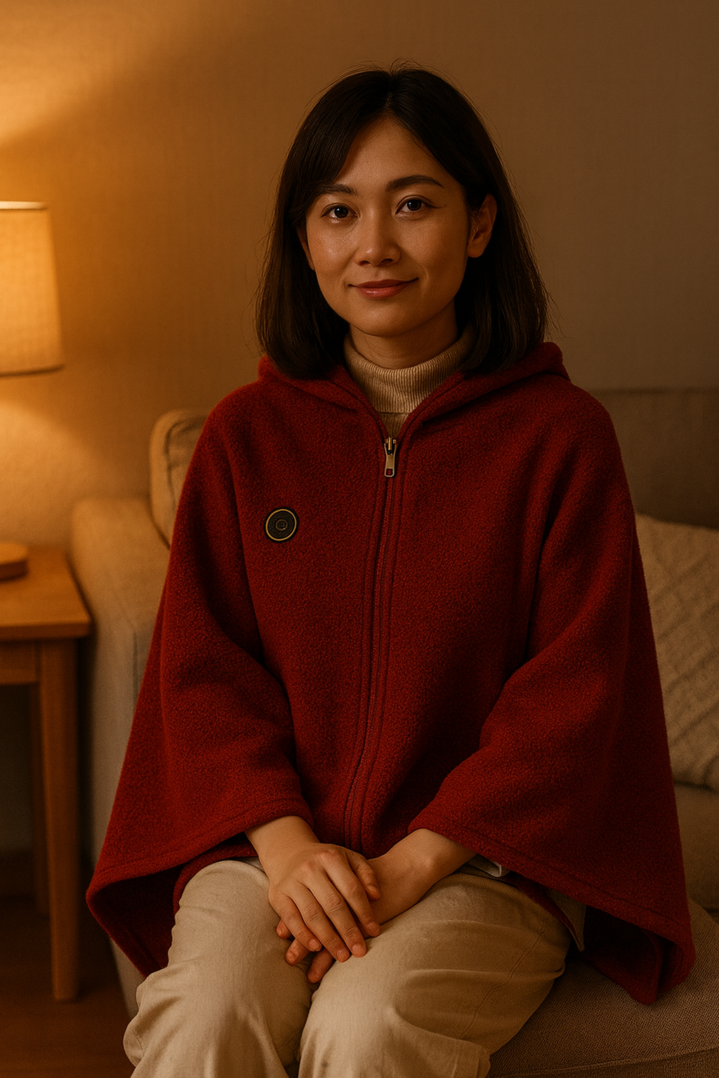 Woman wearing a red Melo USB heated throw blanket sitting on a couch in a warm-lit room.