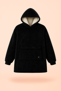 Black Melo USB heated hoodie blanket with thick sherpa interior for extra warmth.