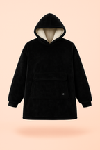 Black Melo USB heated hoodie blanket with thick sherpa interior for extra warmth.