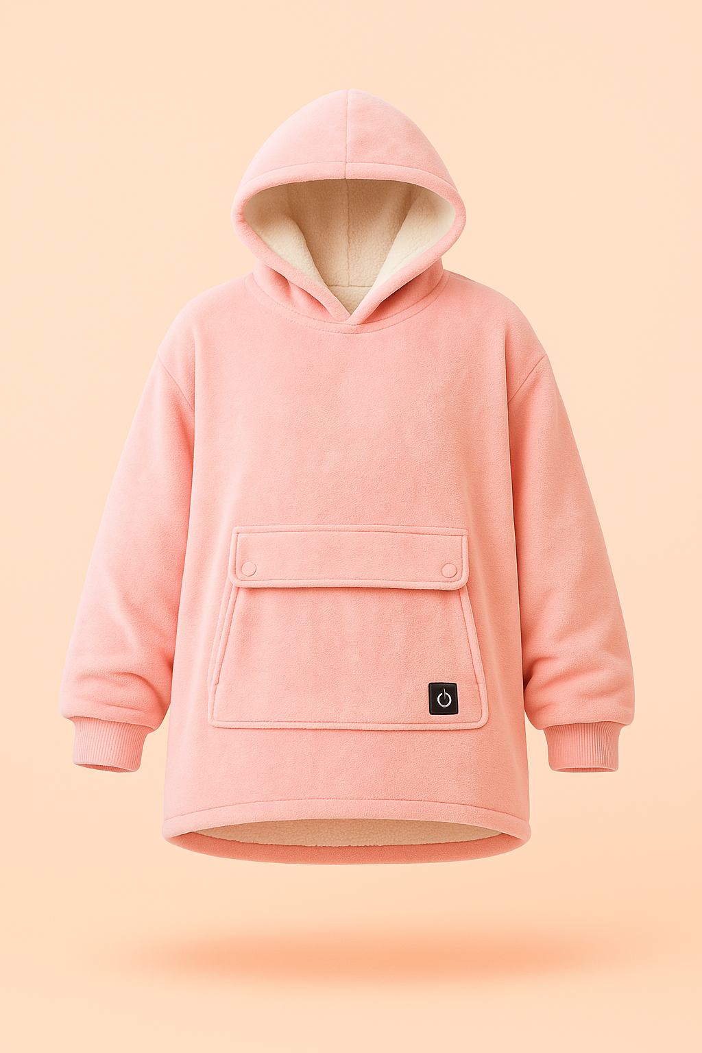 Pastel pink Melo USB heated hoodie blanket, oversized and sherpa-lined.