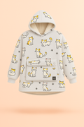 Light grey cat-print Melo USB heated hoodie blanket with sherpa lining.