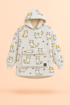 Light grey cat-print Melo USB heated hoodie blanket with sherpa lining.
