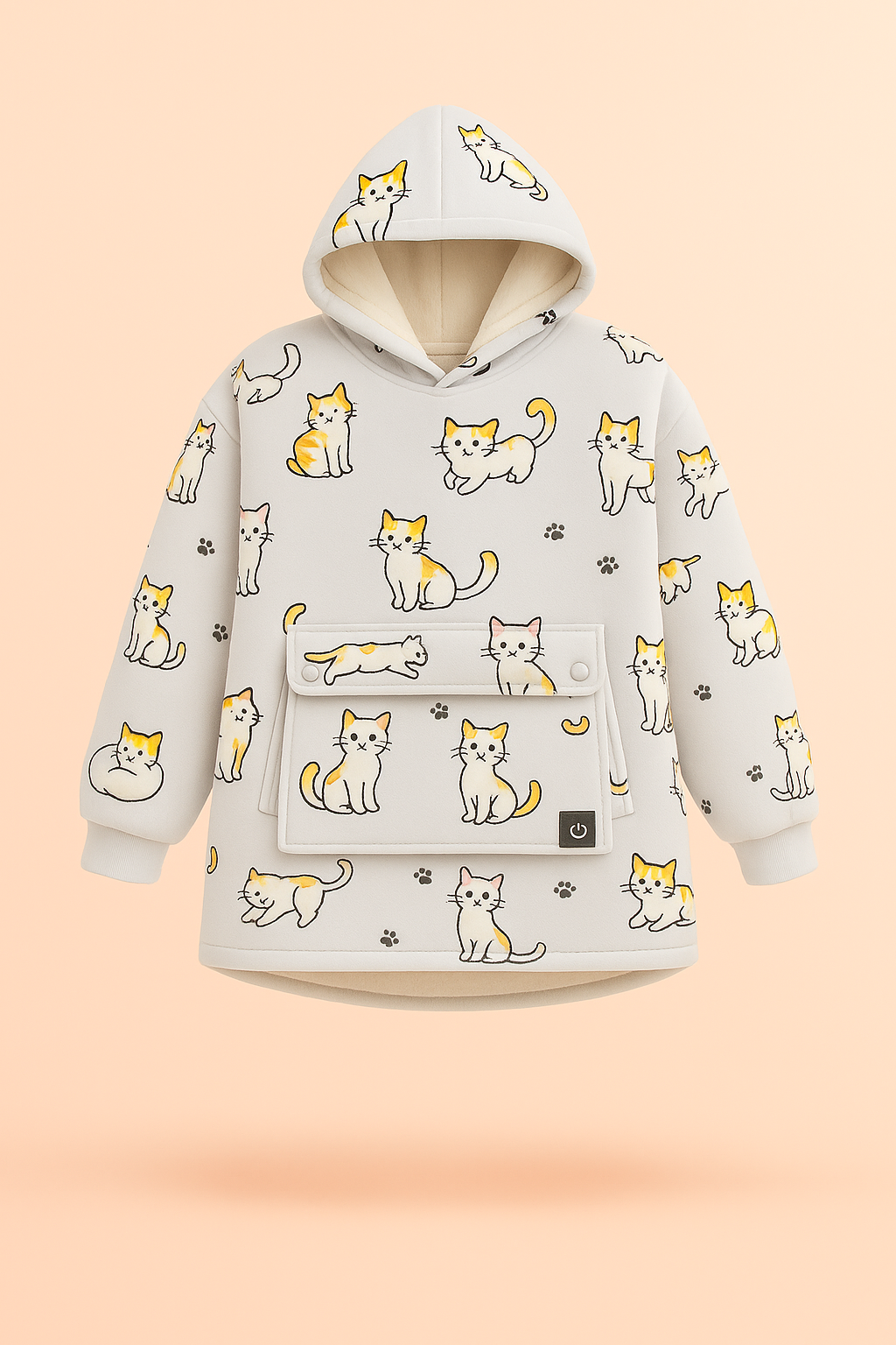 Light grey cat-print Melo USB heated hoodie blanket with sherpa lining.