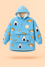 Light blue sushi-print Melo USB heated hoodie blanket with warm sherpa lining.