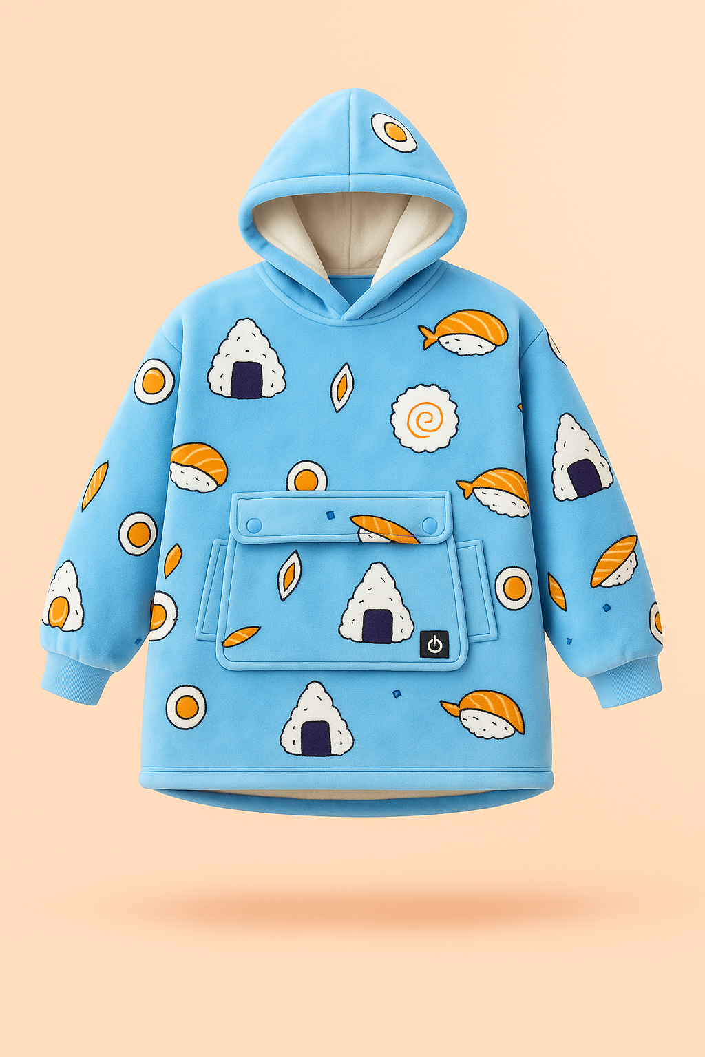 Light blue sushi-print Melo USB heated hoodie blanket with warm sherpa lining.