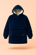Navy blue Melo USB heated hoodie blanket, plush fleece with sherpa interior.