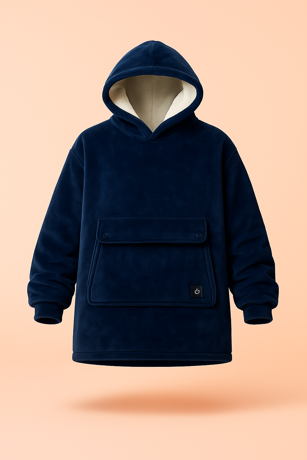 Navy blue Melo USB heated hoodie blanket, plush fleece with sherpa interior.