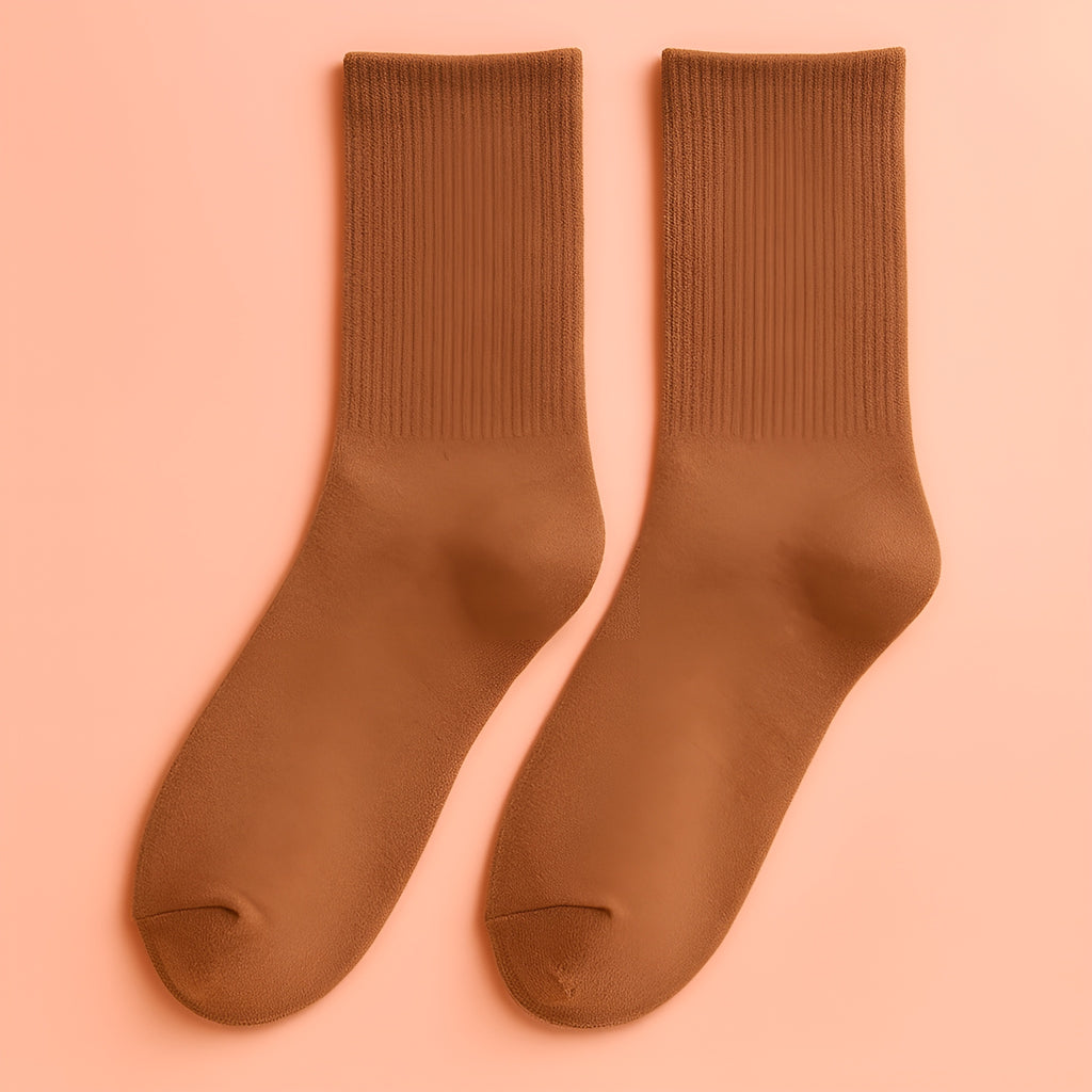 Coffee-brown Melo plush cozy socks, ideal for lounging at home.