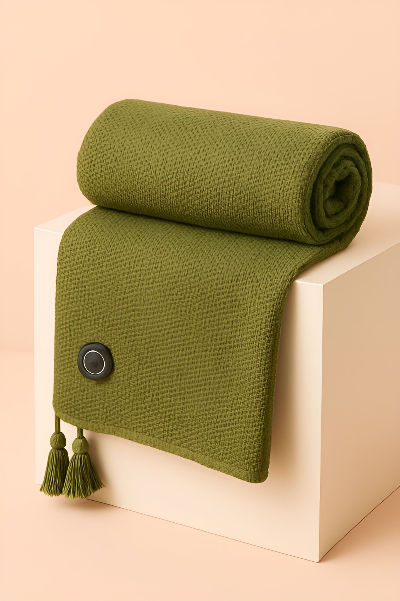 Rolled green blanket with tassels on a beige block against a beige background
