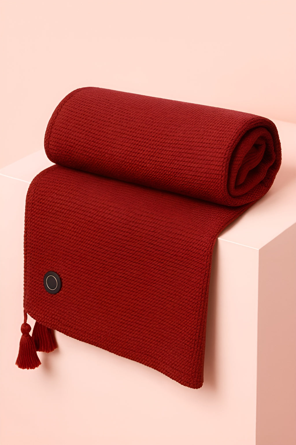Red knitted blanket on a beige background, Melo USB heated throw blanket 