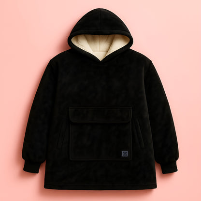 melo black heated hoodie blanket worn indoors for cosy winter comfort