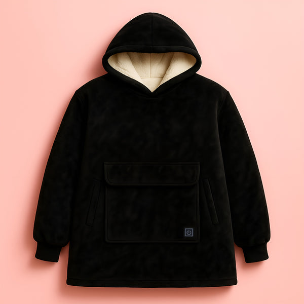 melo black heated hoodie blanket worn indoors for cosy winter comfort