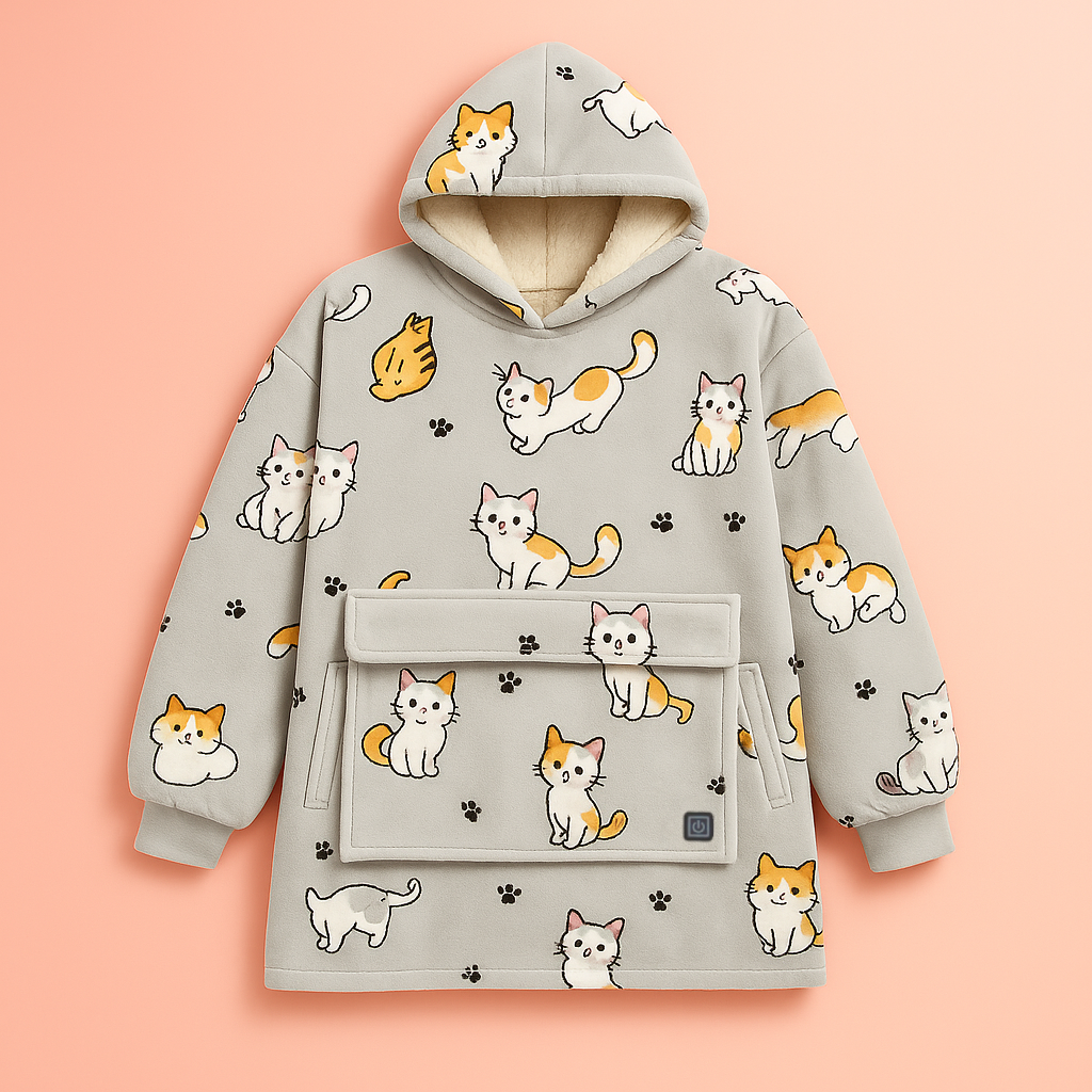 light grey cat pattern plush heated hoodie blanket flat lay with sherpa interior