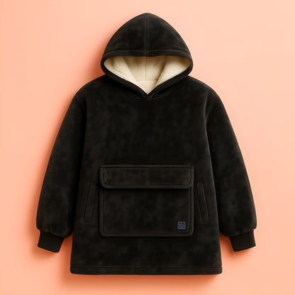 plush usb heated hoodie blanket in ash grey with sherpa lining worn indoors