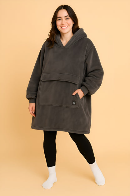 ash grey sherpa-lined heated hoodie blanket model studio shot