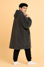 ash grey sherpa-lined heated hoodie blanket model studio shot