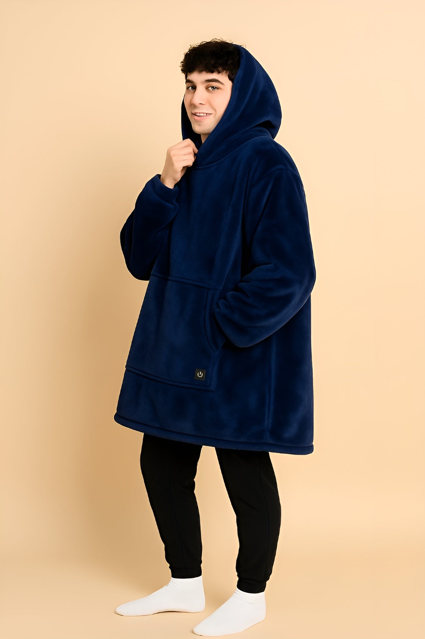 melo usb heated hoodie blanket in navy blue with soft sherpa interior studio image