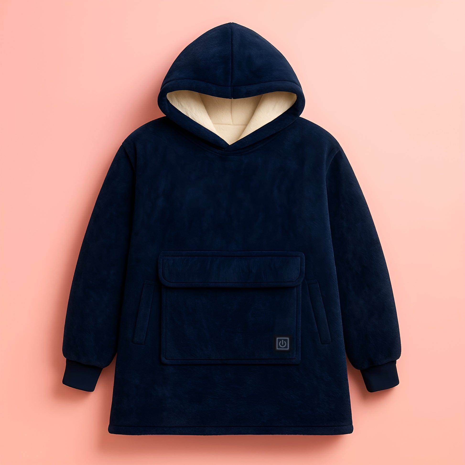 navy blue plush heated hoodie blanket worn indoors for winter warmth