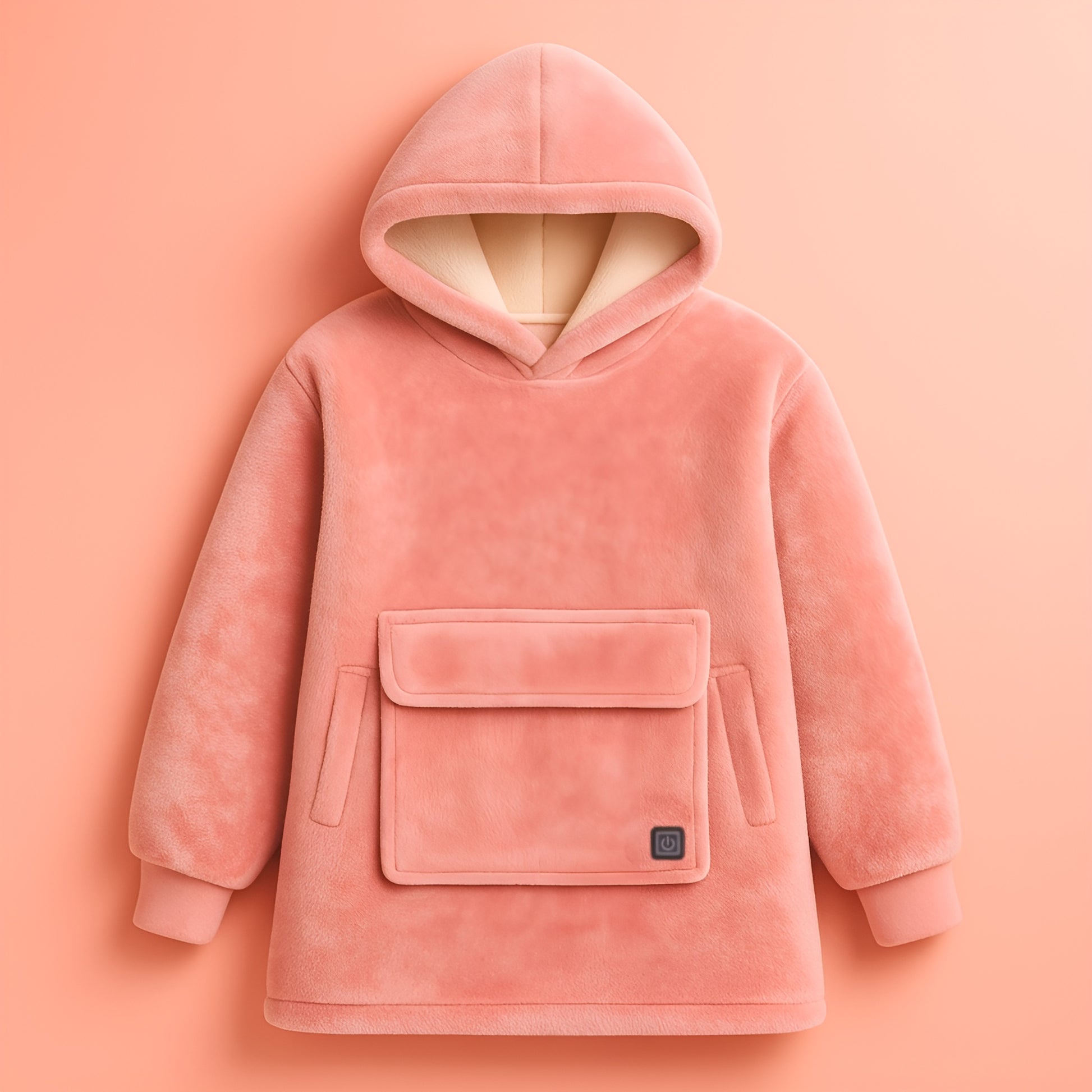 melo pastel pink usb heated hoodie blanket worn indoors for warmth and comfort