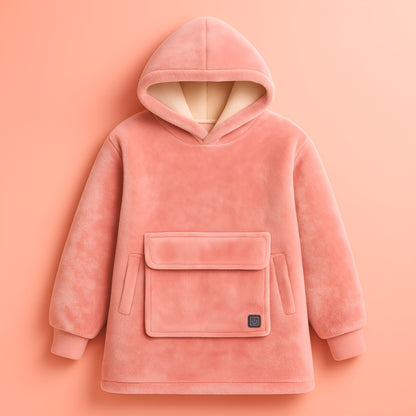 melo pastel pink usb heated hoodie blanket worn indoors for warmth and comfort