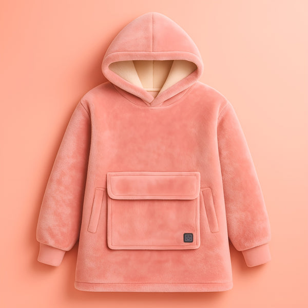 melo pastel pink usb heated hoodie blanket worn indoors for warmth and comfort