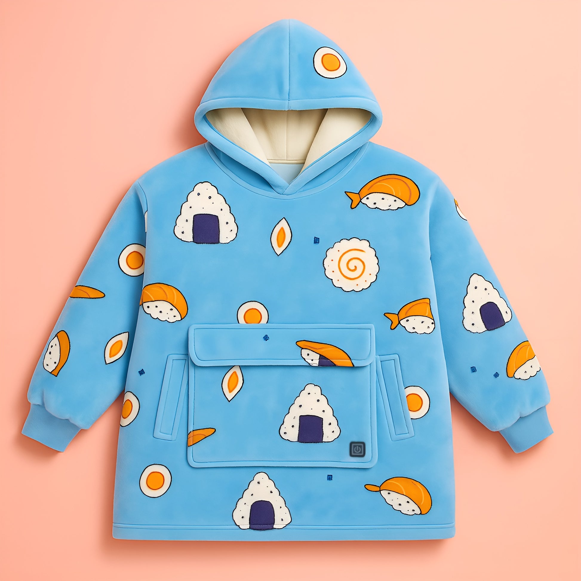 light blue sushi pattern heated hoodie blanket flat lay with plush fabric and sherpa lining