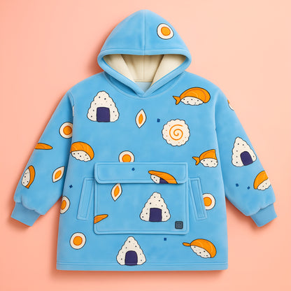 light blue sushi pattern heated hoodie blanket flat lay with plush fabric and sherpa lining